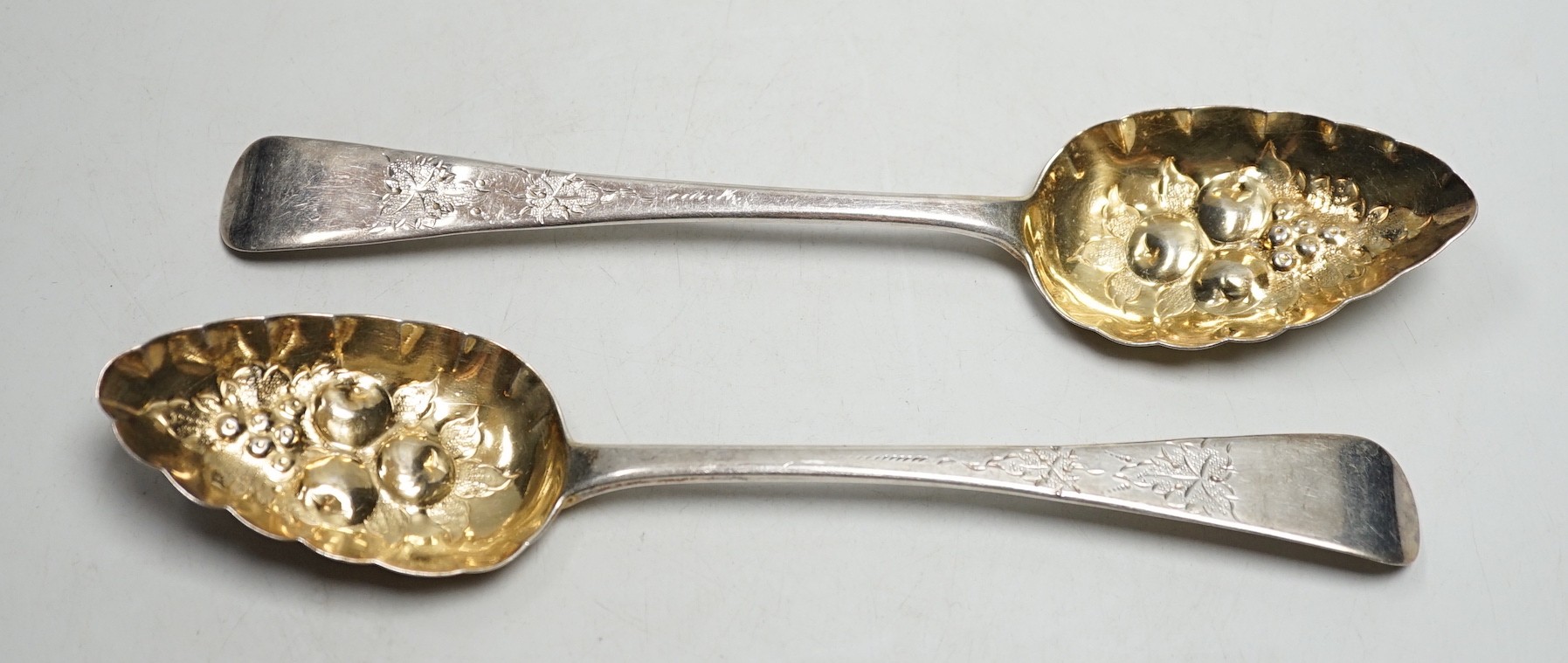 A pair of George IV silver Old English pattern 'berry' spoons, William Scofield, London, 1826, 22.5cm, 4.1oz.
